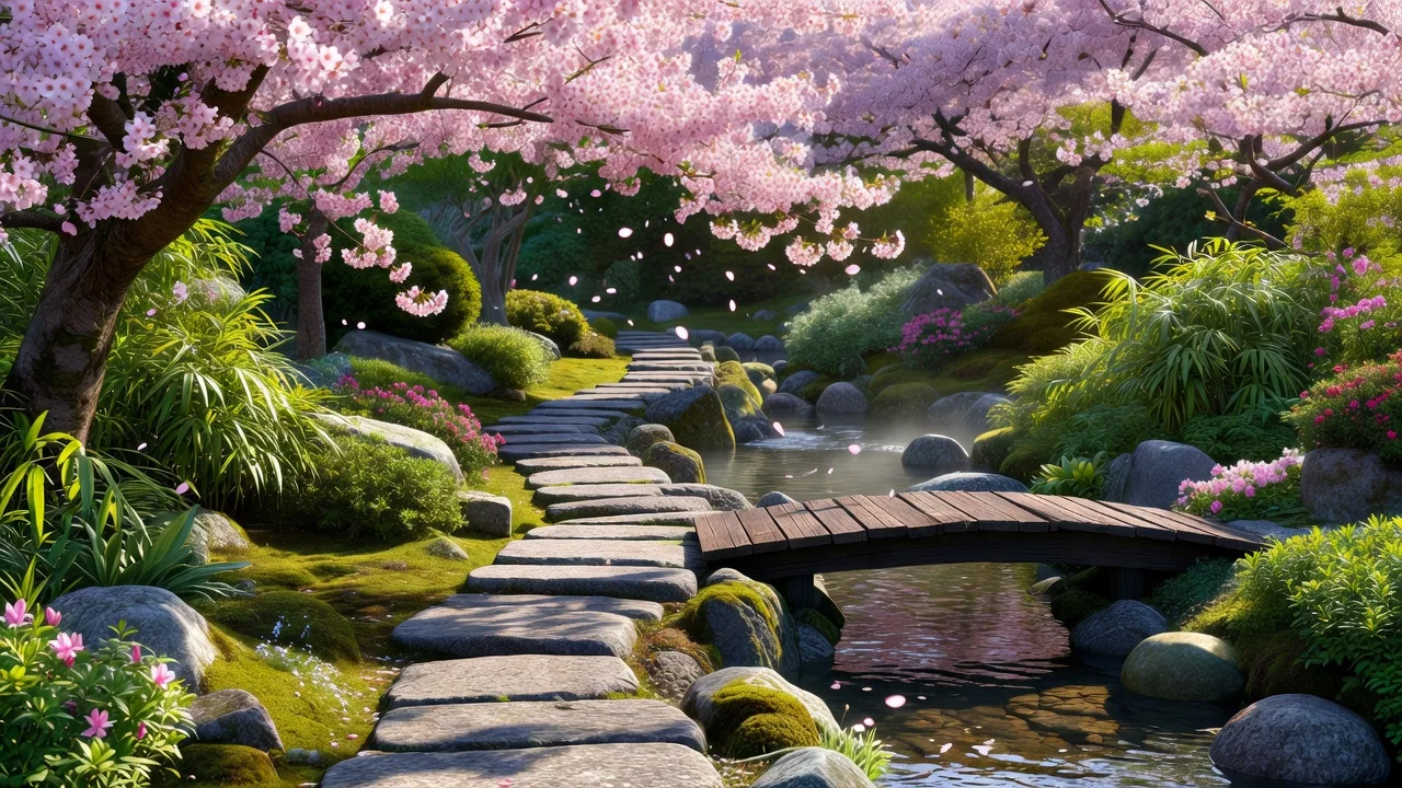 春の桜と石畳の庭