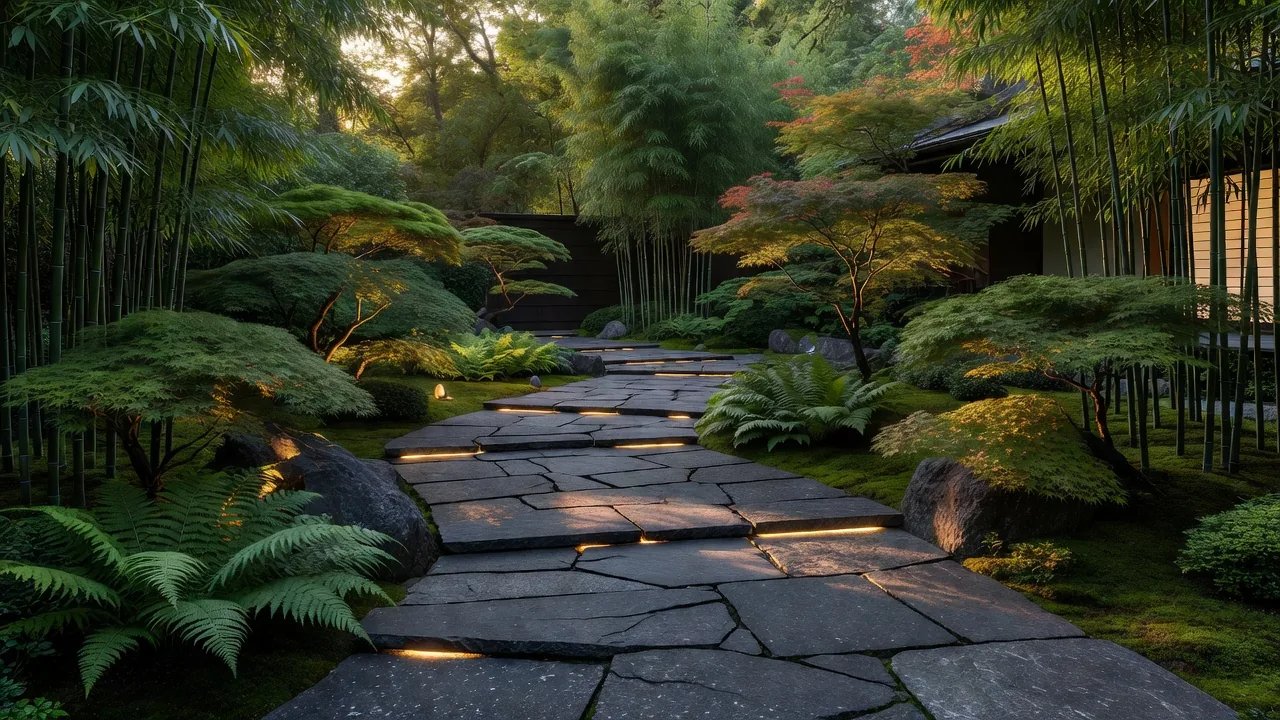 照明付き石材歩道